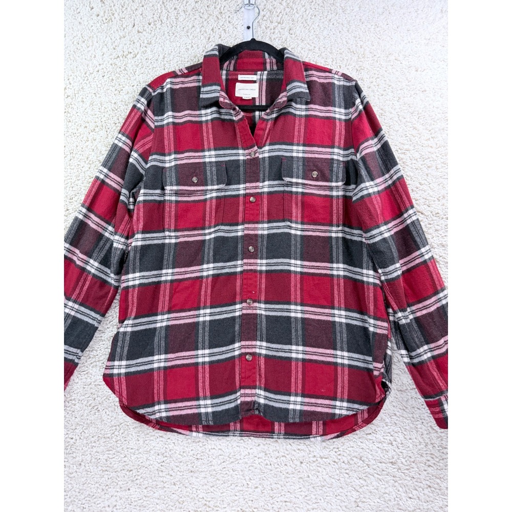 American Eagle Plaid Flannel Shirt Womens XL Red Black Classic Fit Soft - Picture 6 of 11